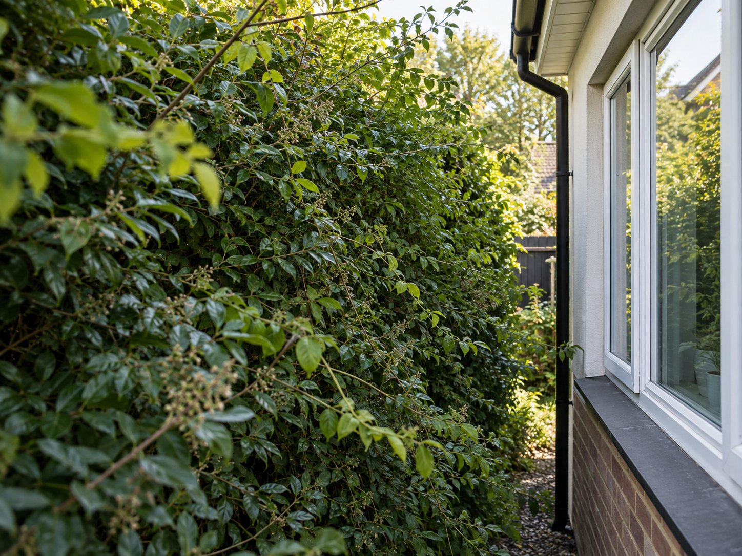 Very overgrown hedge along a garden boundary blocking light