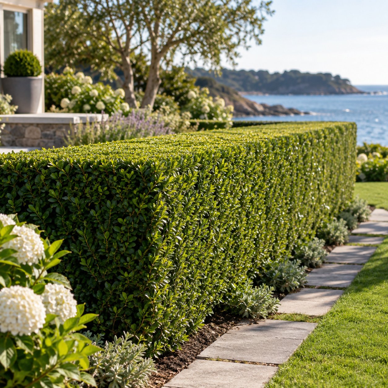 Neatly trimmed formal hedge with crisp clean lines